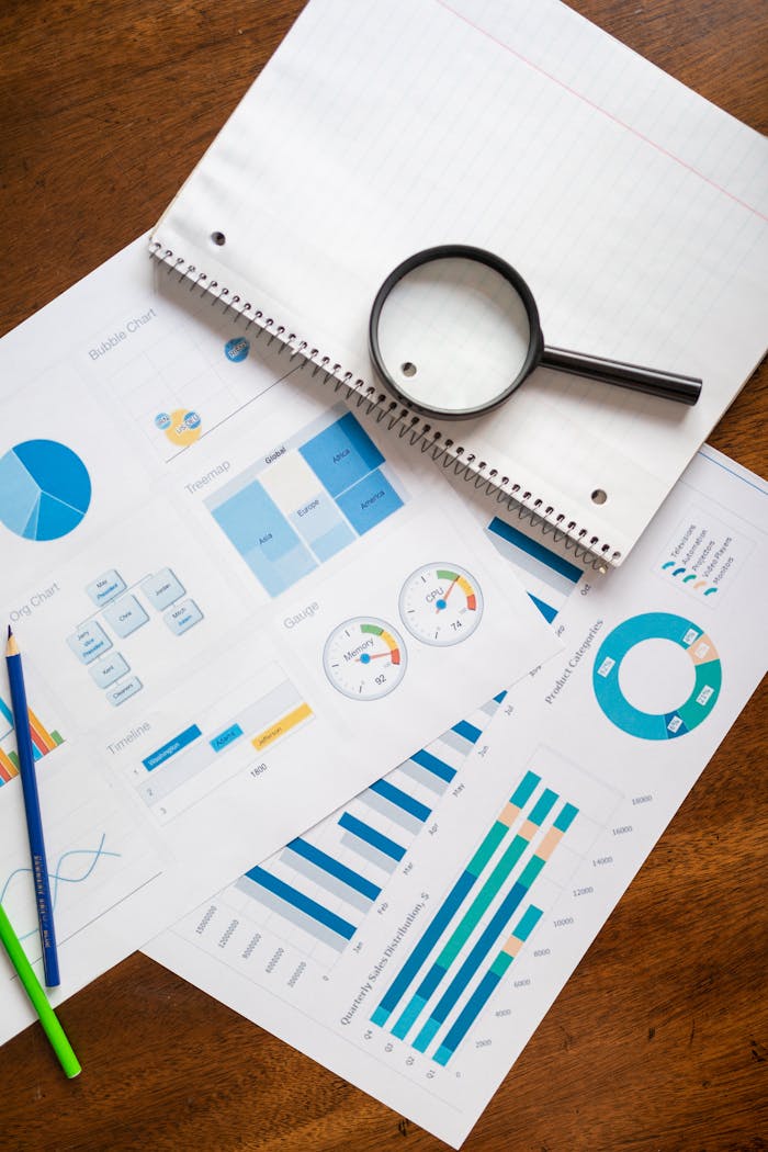 our-story A set of financial charts and graphs with a magnifying glass, perfect for business reports.